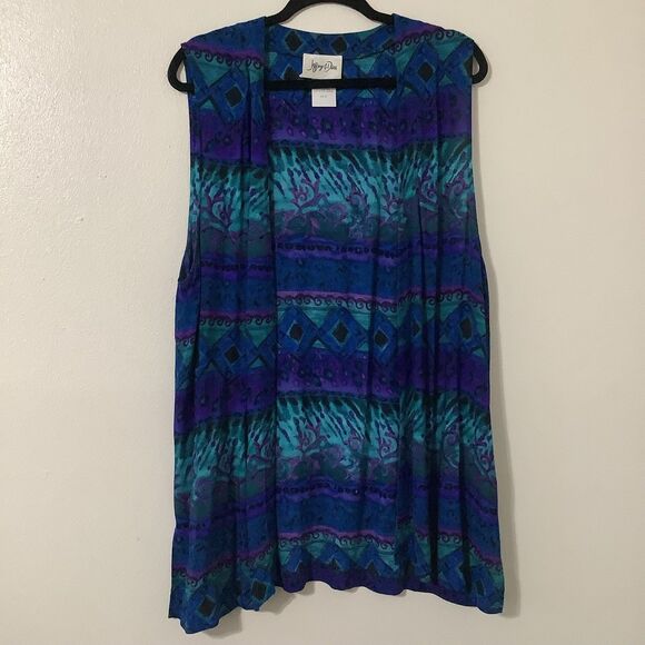 Vintage 90s Geometric Abstact Bohemian Hippie Blue Lightweight Vest Size 10 Fall - Picture 1 of 8